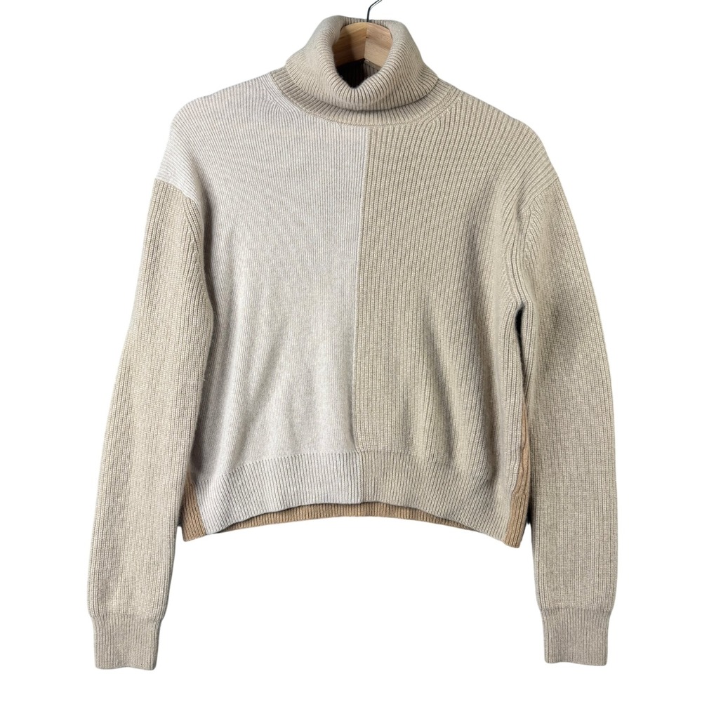 Theory 100% Cashmere Color Block Ribbed Turtleneck Sweater Beige Tan Small